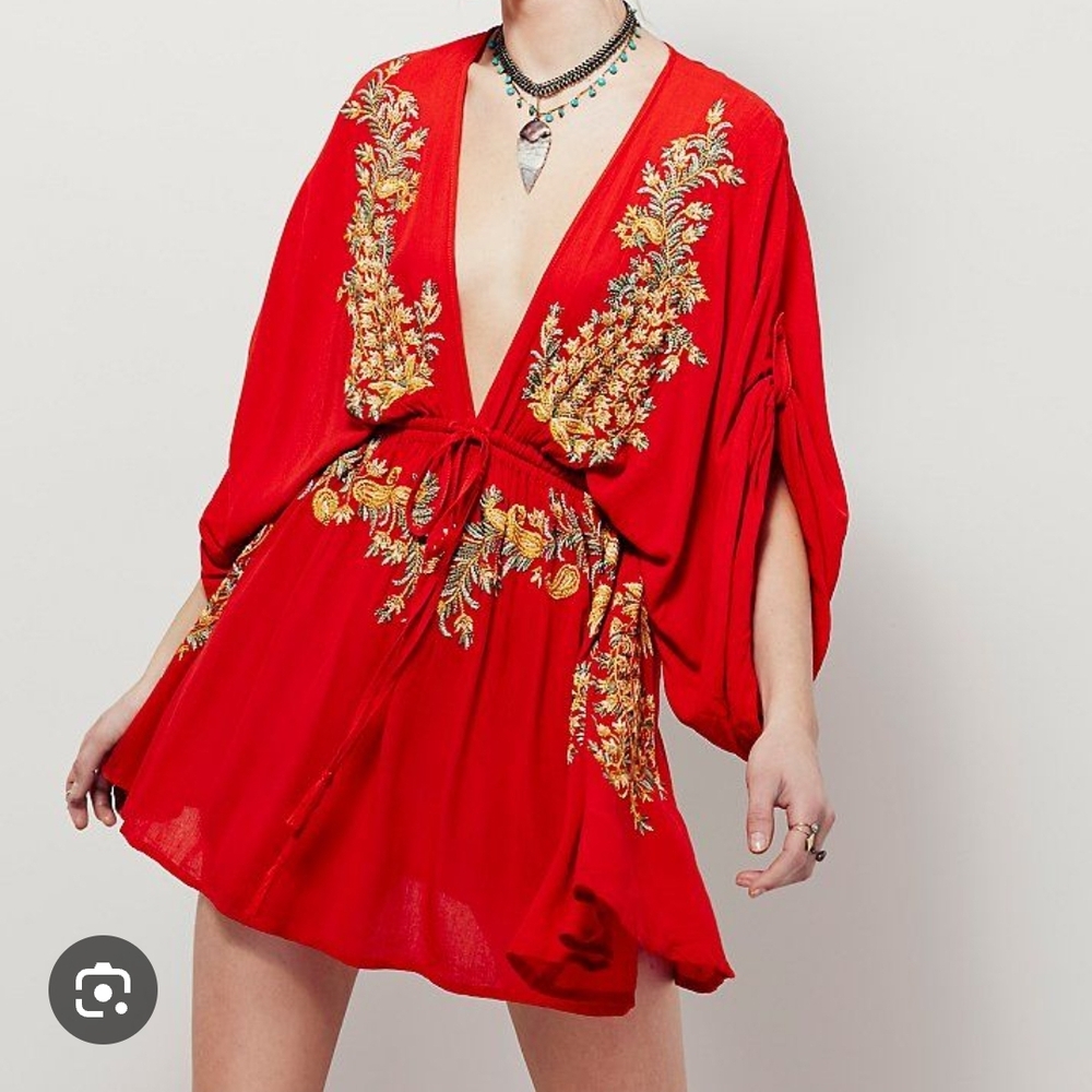 Free People Red Mini Dress with Gold Embroidery